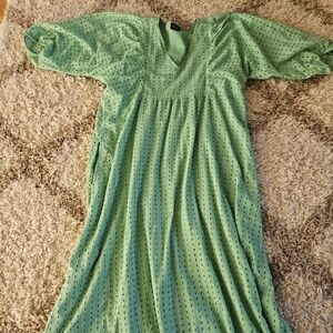 Green Eyelet Maxi Dress - Lightweight V-Neck Maxi